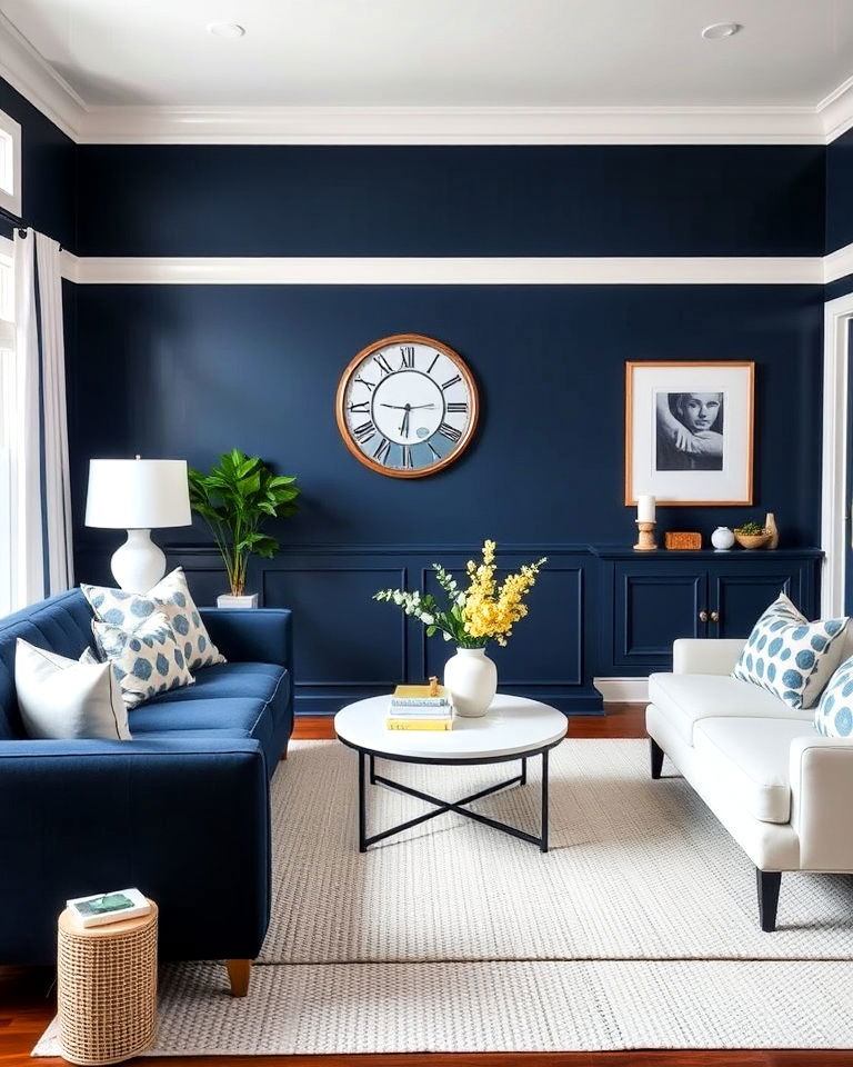 navy and white color preppy living room