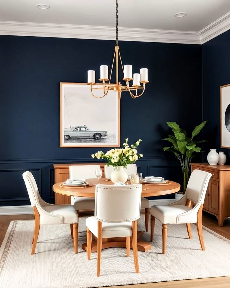 navy blue accent wall to elevate a dining room