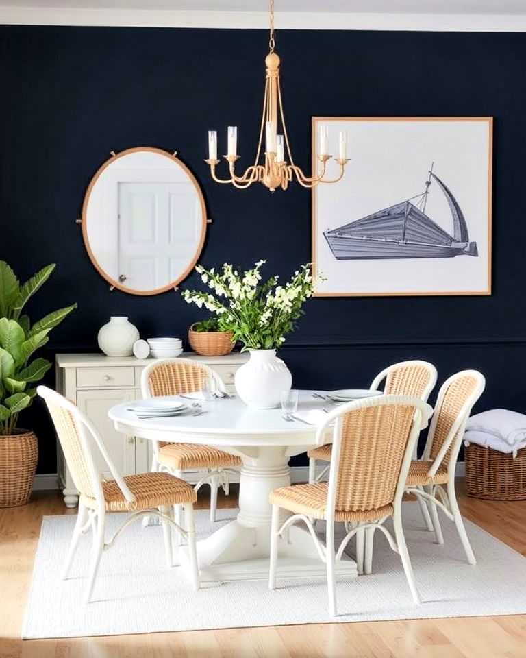 navy blue and white color dining room scheme