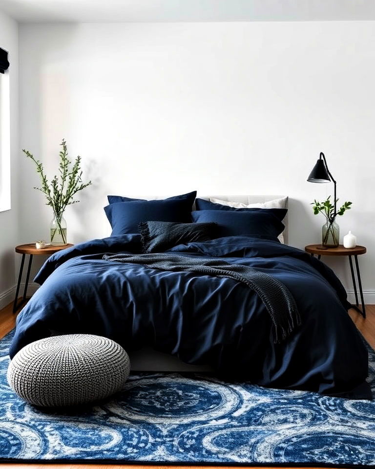 navy blue bedding with light walls