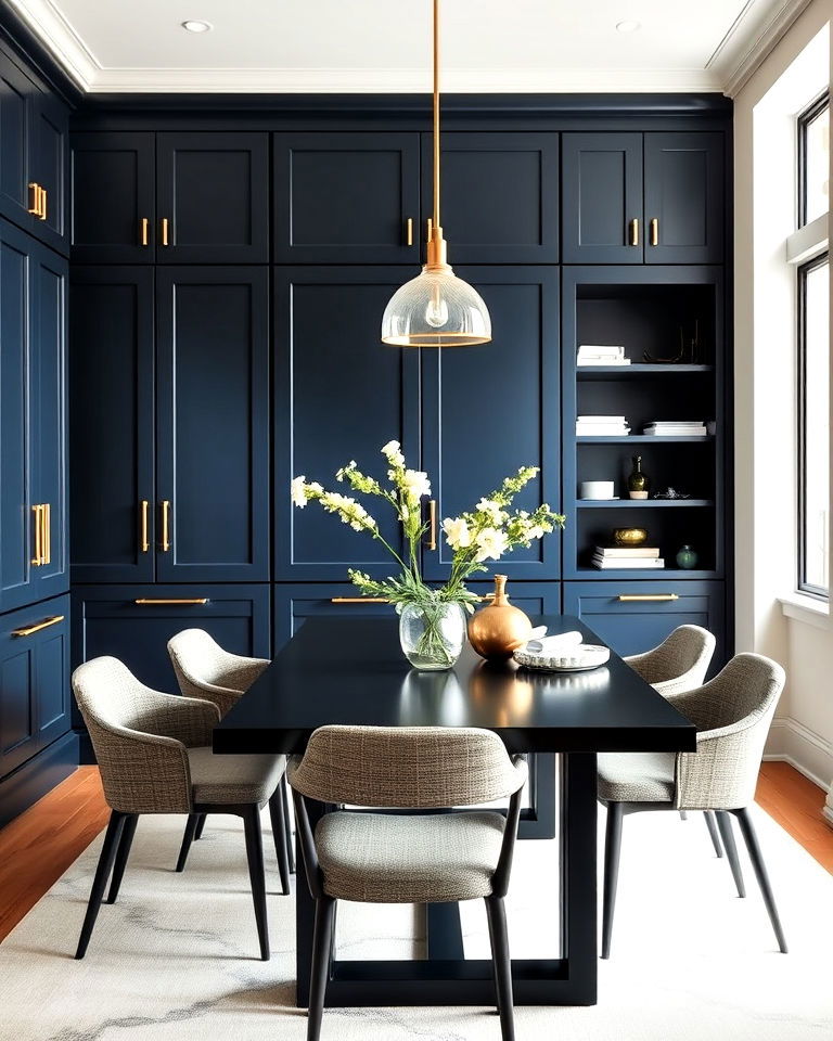 navy blue cabinetry for a stylish dining room storage
