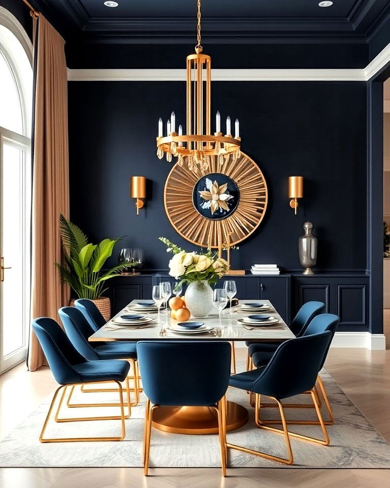 navy blue dining room with glam gold accents