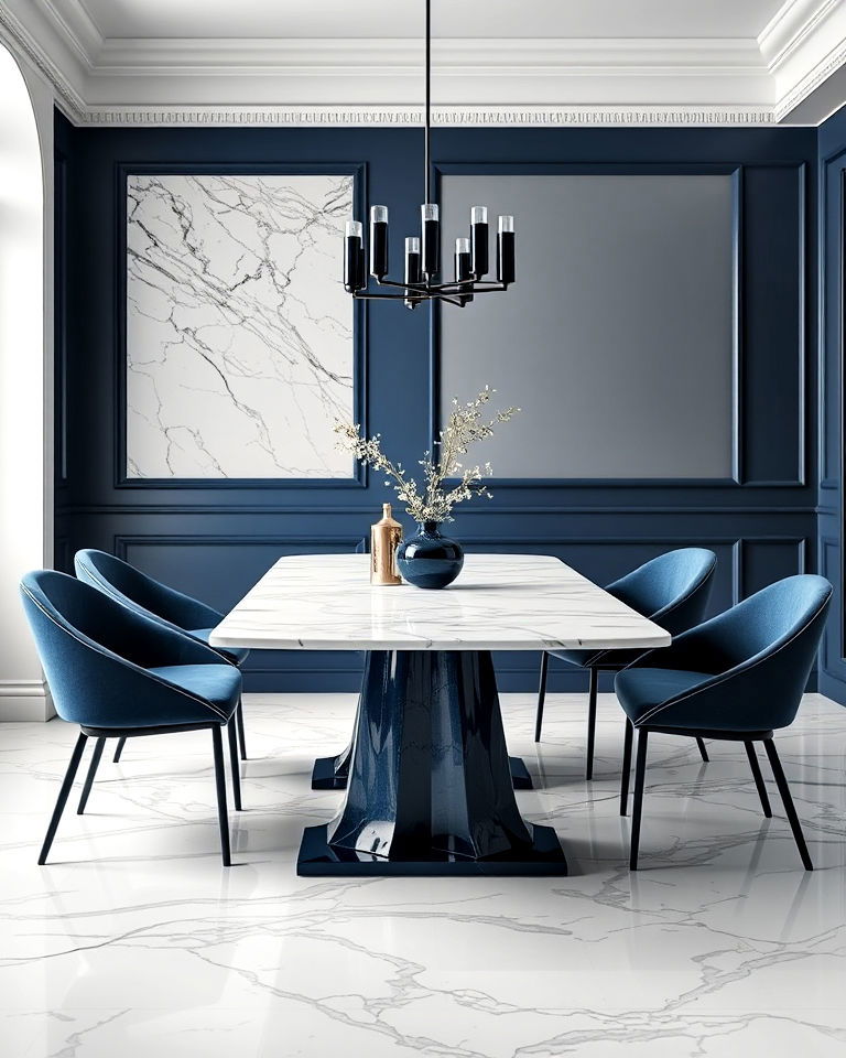navy blue dining room with luxe marble accents