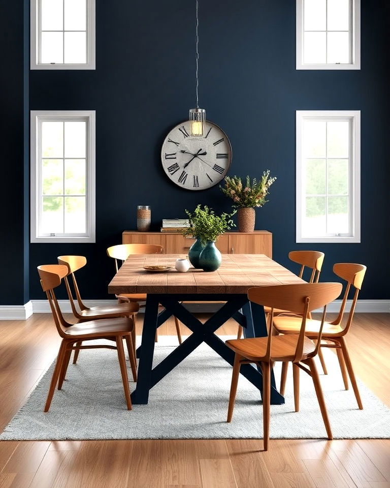 navy blue dining room with wood accents