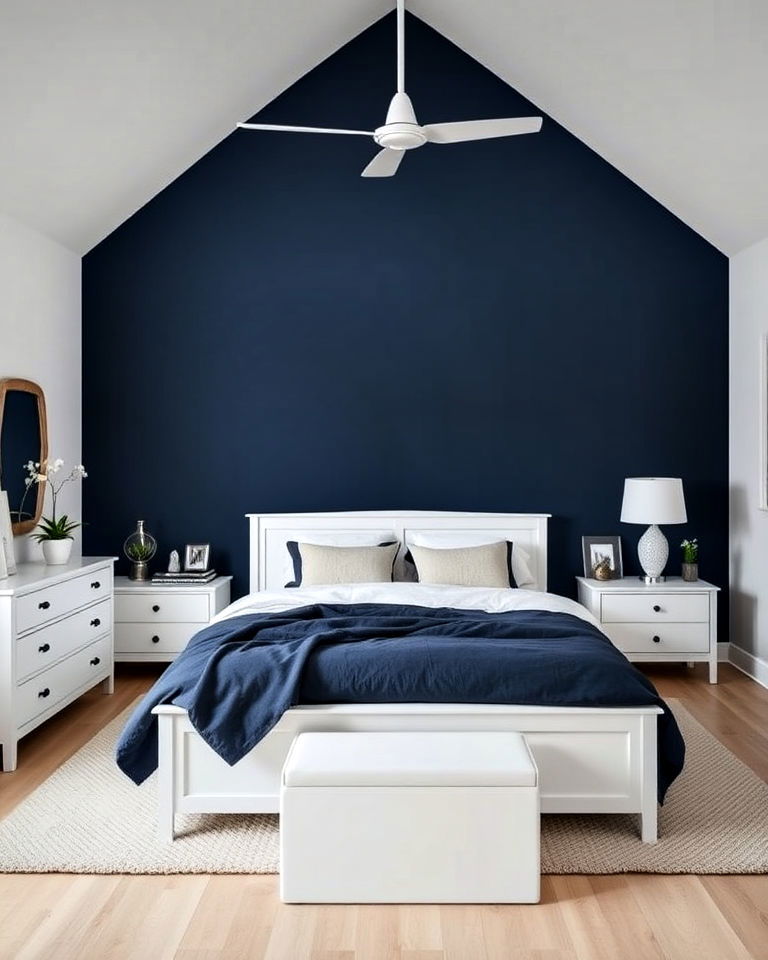 navy blue feature wall with white furniture for bedroom