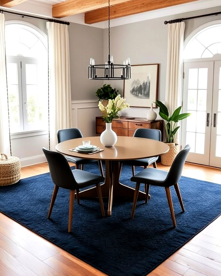 navy blue rug to anchor a dining space