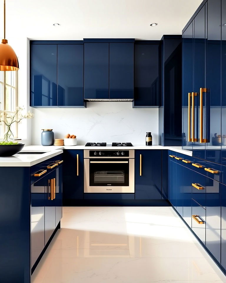 navy gloss cabinets kitchen with gold handle bars