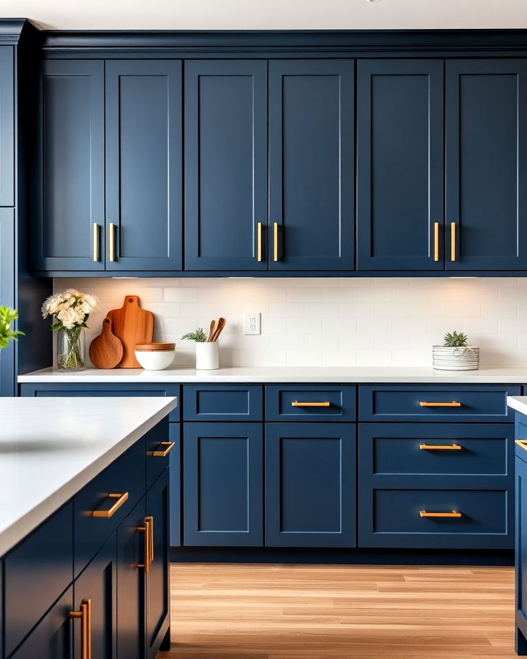 navy gray blue cabinets with gold t bar pulls