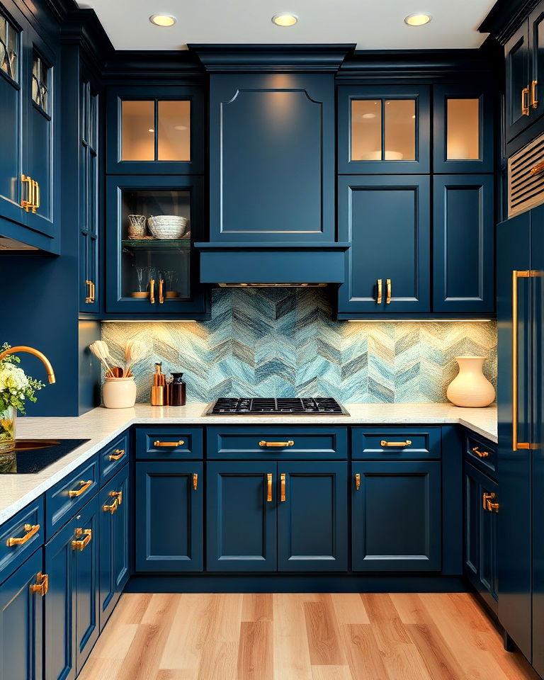 navy teal cabinets with gold leaf hardware