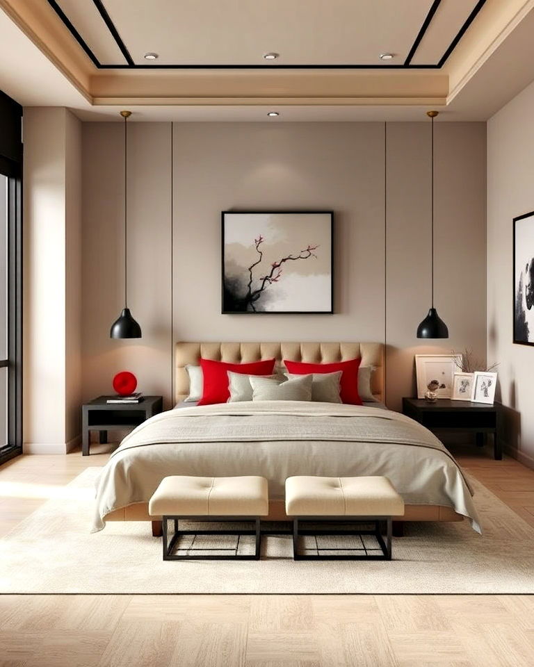 neutral asian bedroom with bold accents