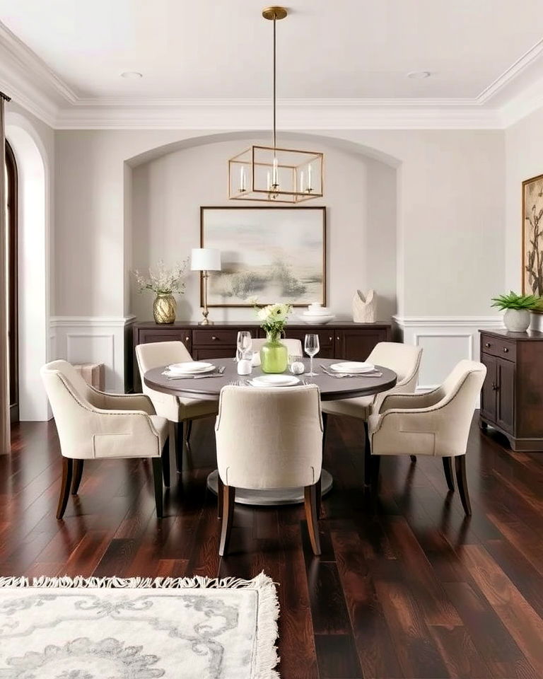 neutral palette dining room with dark wood floor