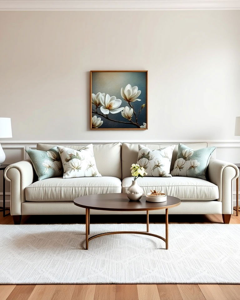 neutral sofa with magnolia patterned cushions