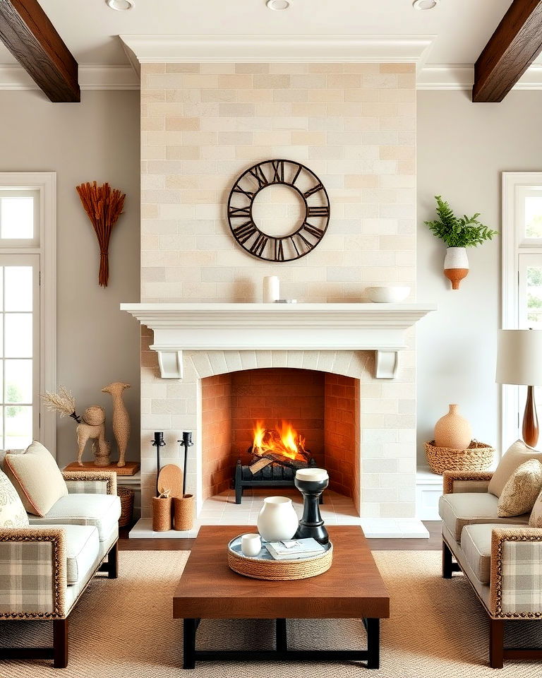 neutral toned fireplace tiles