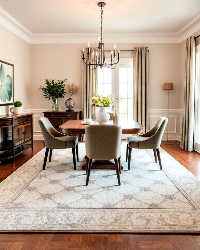 neutral toned rug for dining room