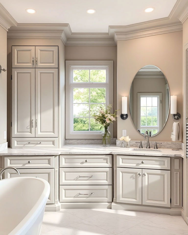 neutral yet elegant light gray bathroom cabinets