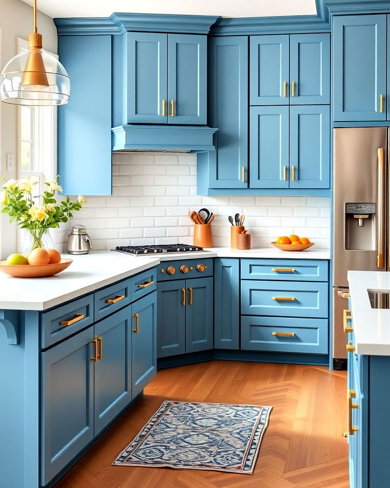 ocean blue cabinets kitchen with brushed gold pulls