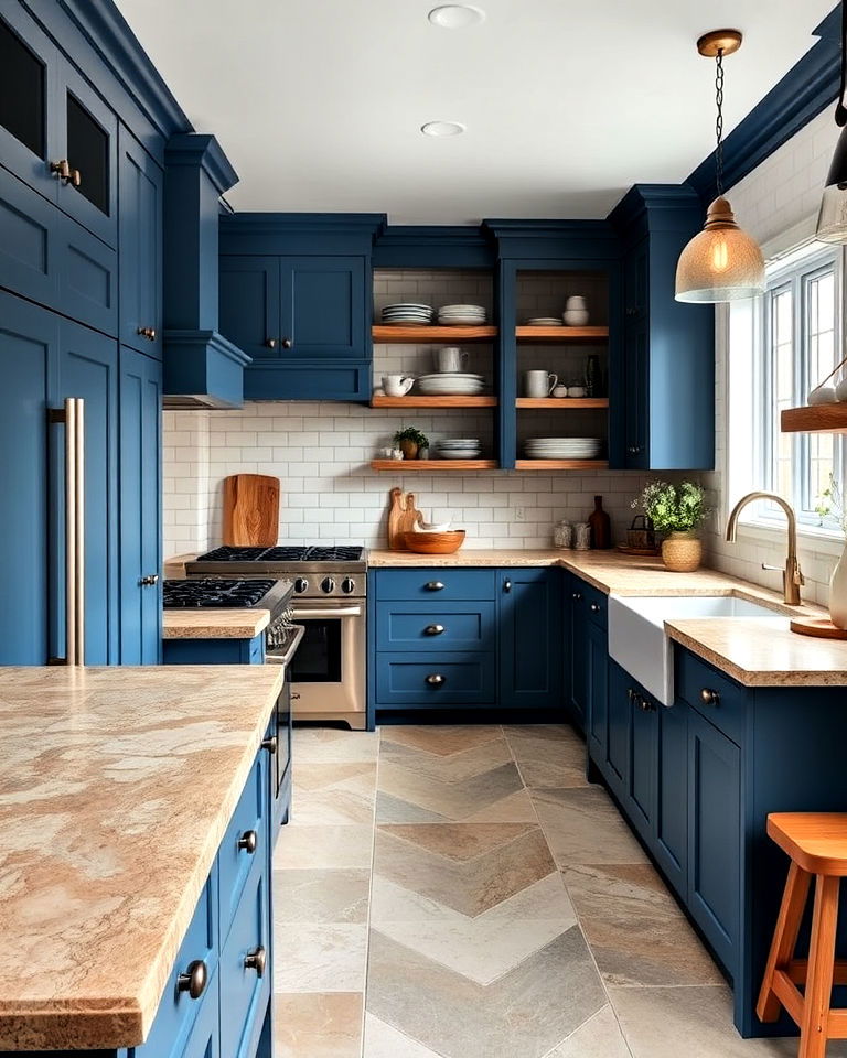 ocean blue cabinets with stone countertops