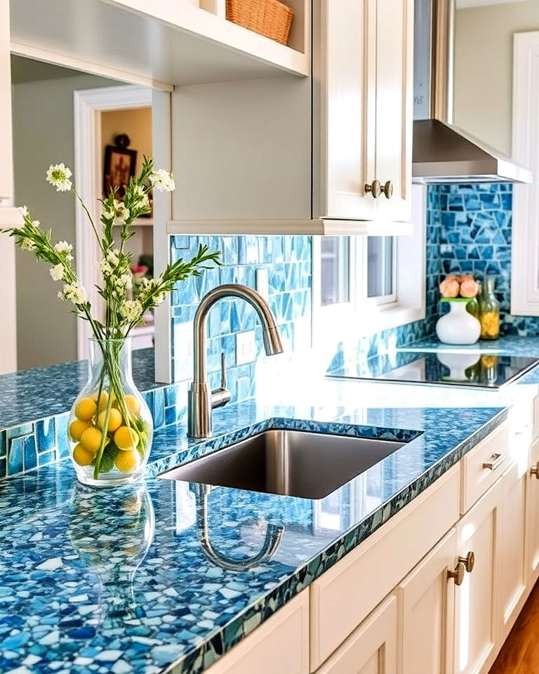 ocean blue recycled glass countertops