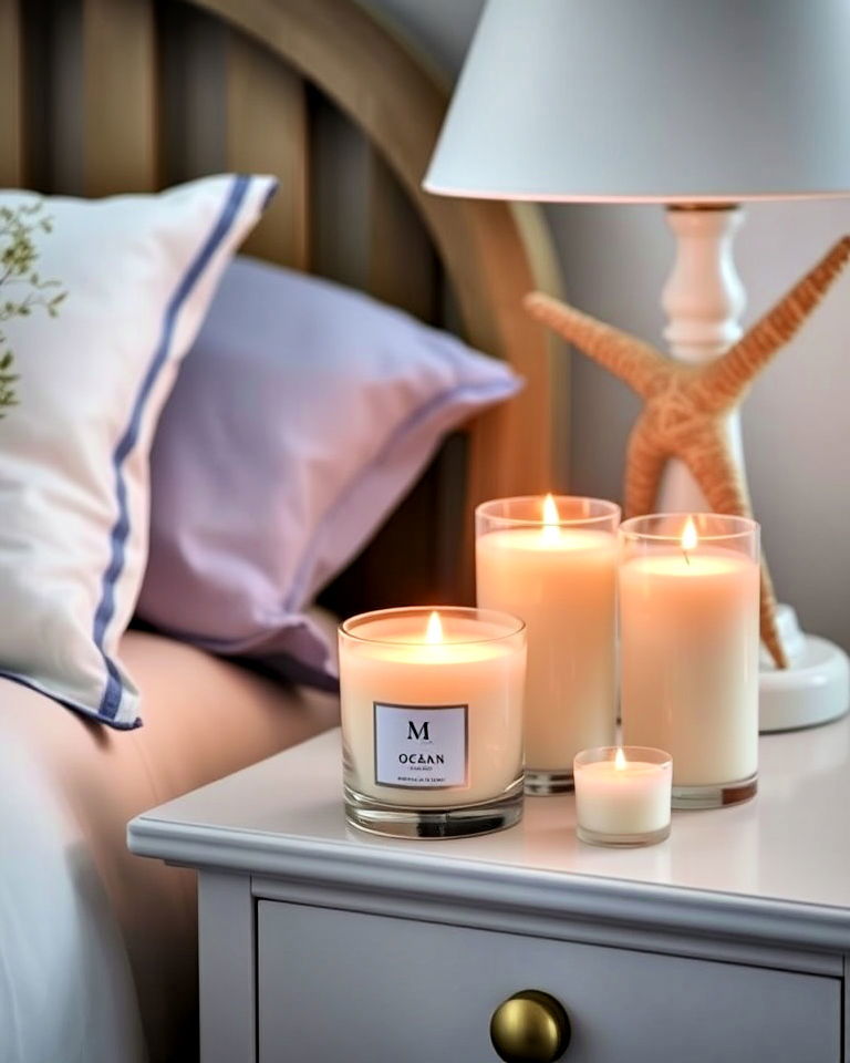 ocean themed bedroom with ocean scented candles