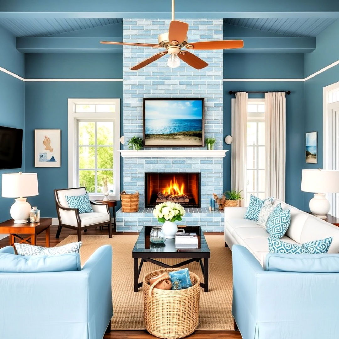 off center fireplace with blue accents