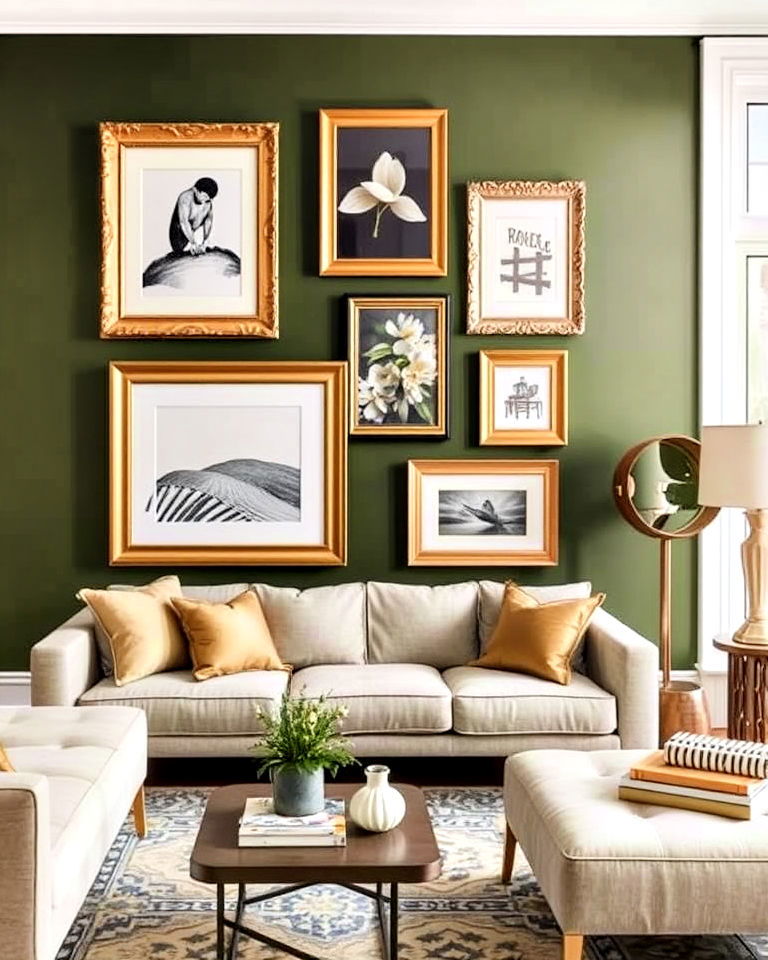 olive green accent wall with metallic frames