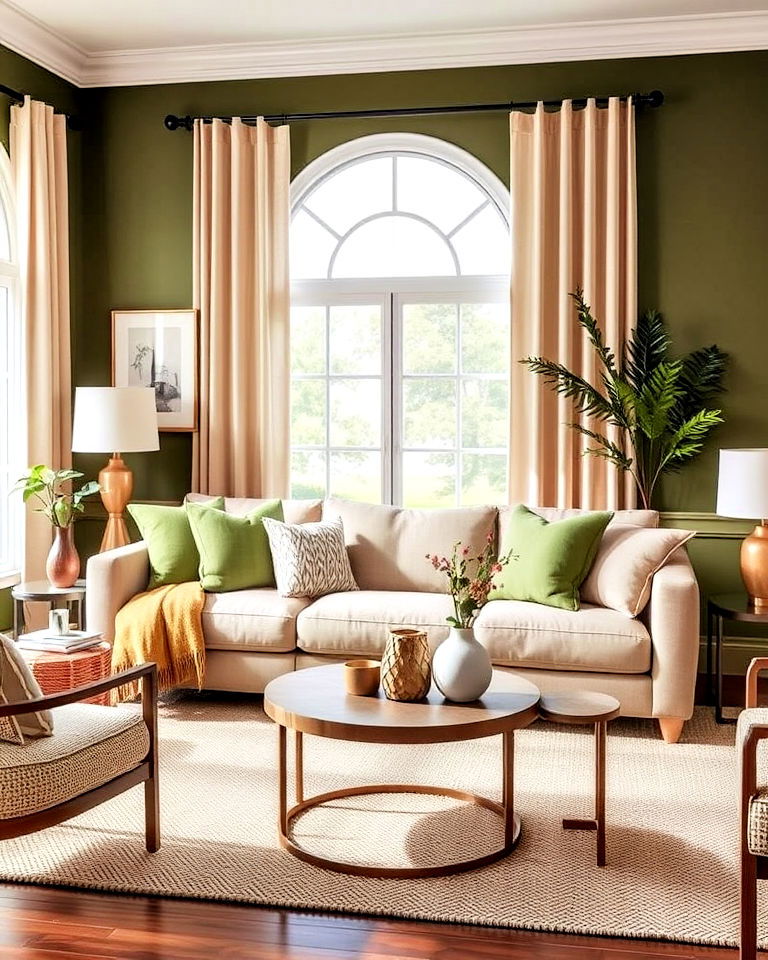 olive green and beige combo living room