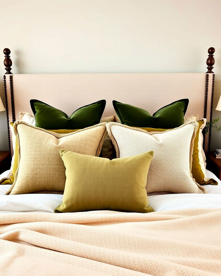 olive green and beige pillows for bedroom