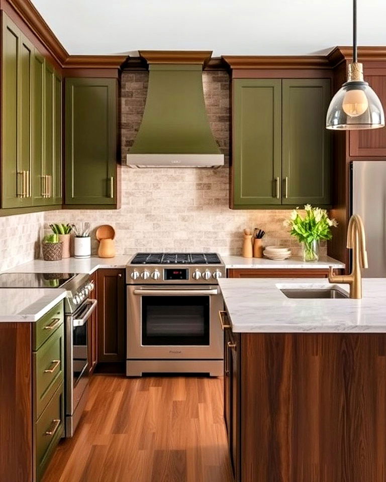 olive green and walnut cabinets for kitchen