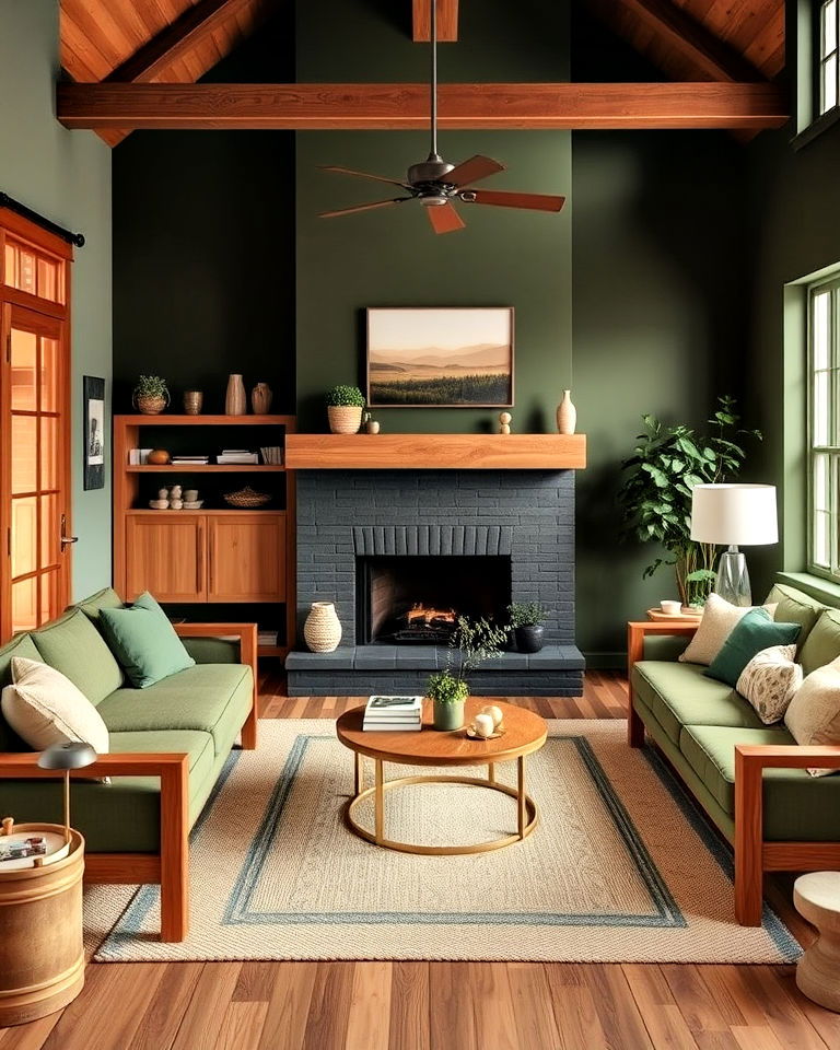 olive green and wood tones for living room