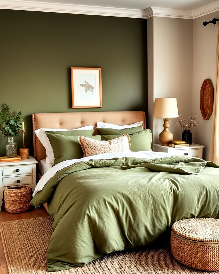 olive green bedding with beige decor