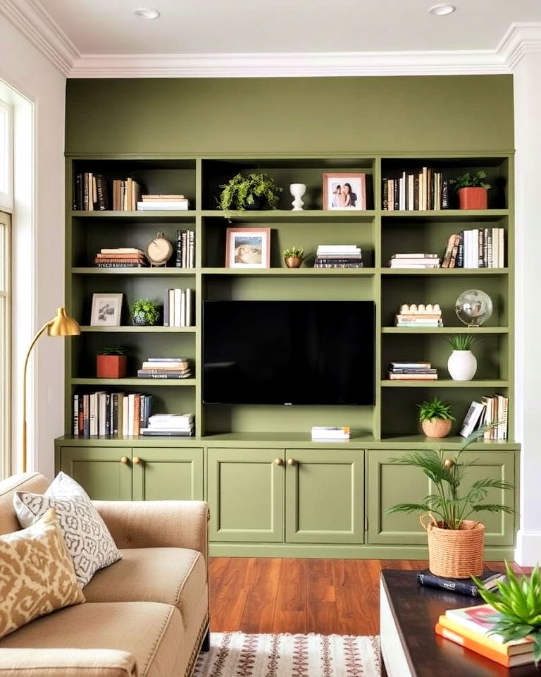 olive green built in shelves