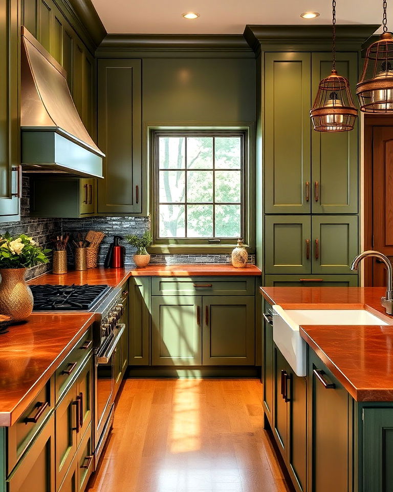 olive green cabinets with copper countertops