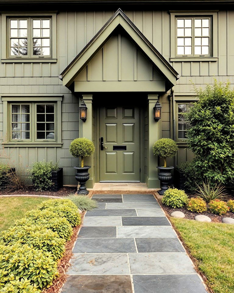 olive green exterior with a beautiful slate pathway