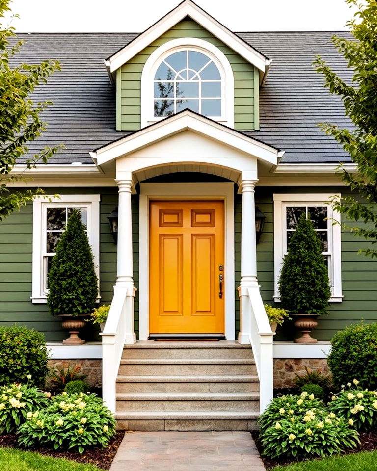 olive green exterior with a cheerful yellow front door