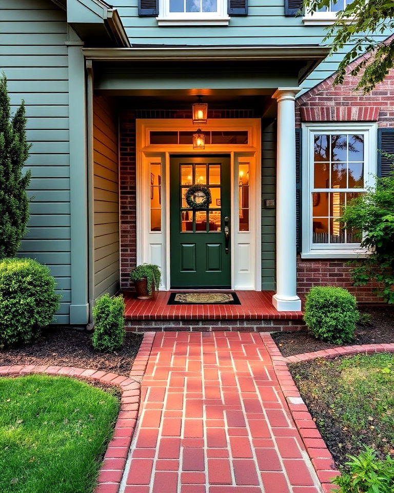 olive green exterior with a red brick pathway