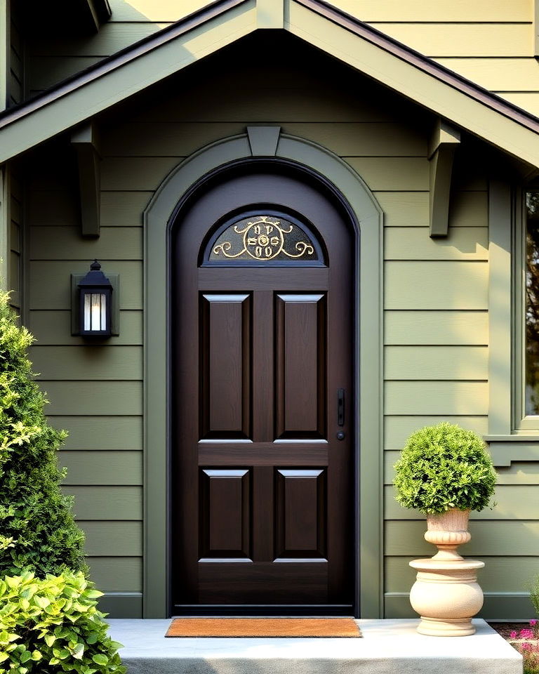 olive green exterior with beautiful dark wood door