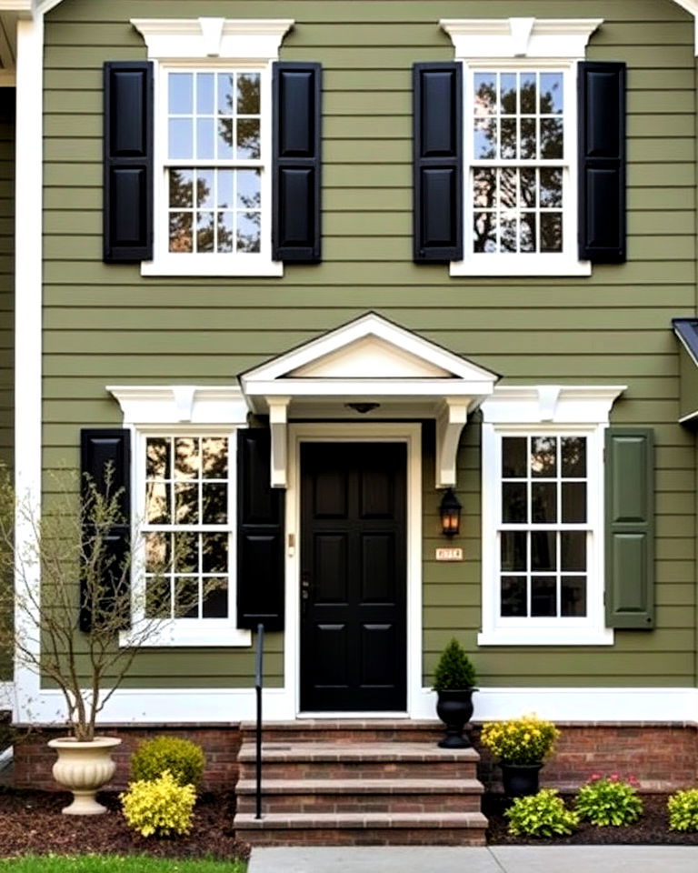 olive green exterior with bold black shutters