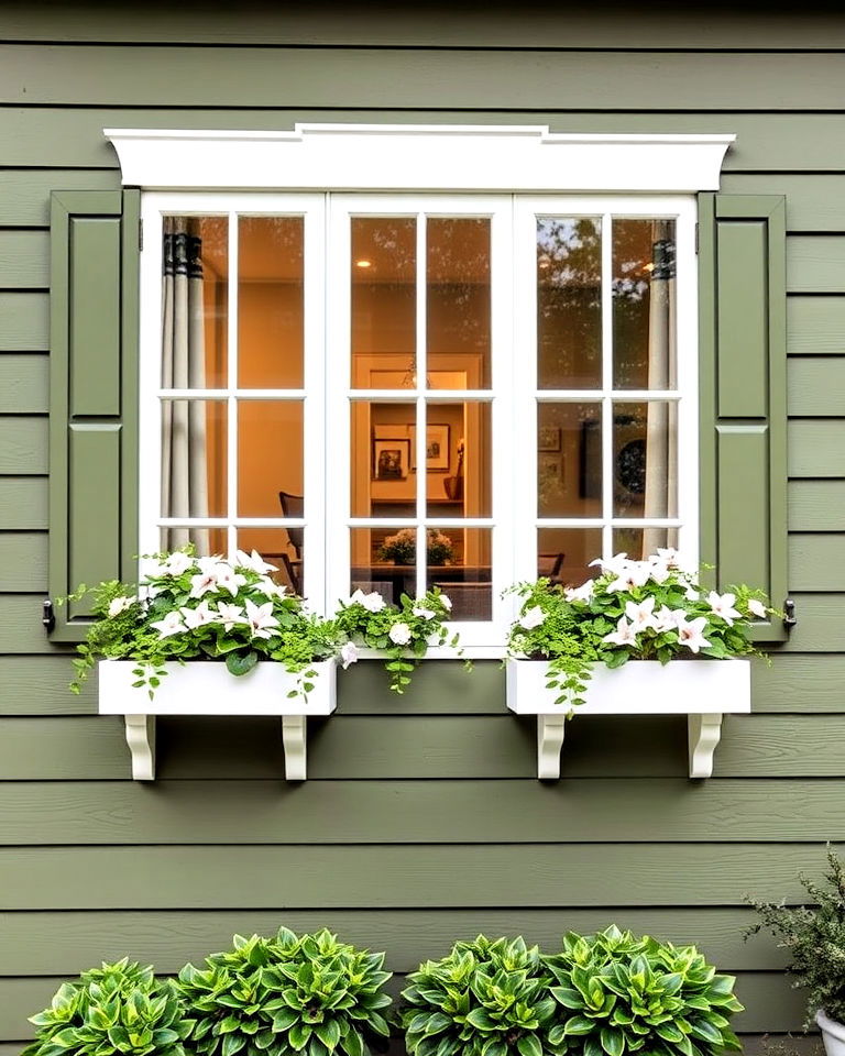 olive green exterior with charming white window boxes