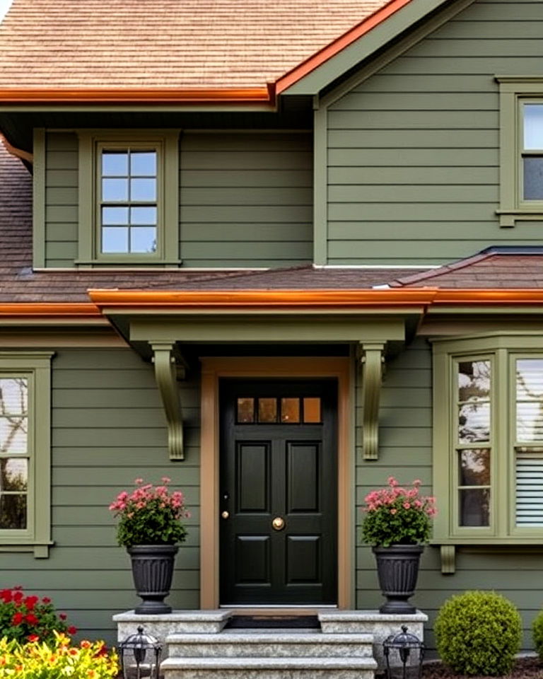 olive green exterior with chic copper gutters