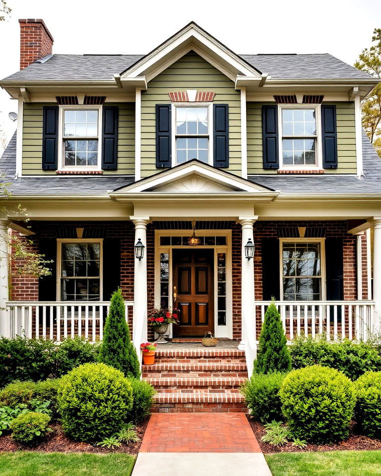 olive green exterior with classic brick detailing