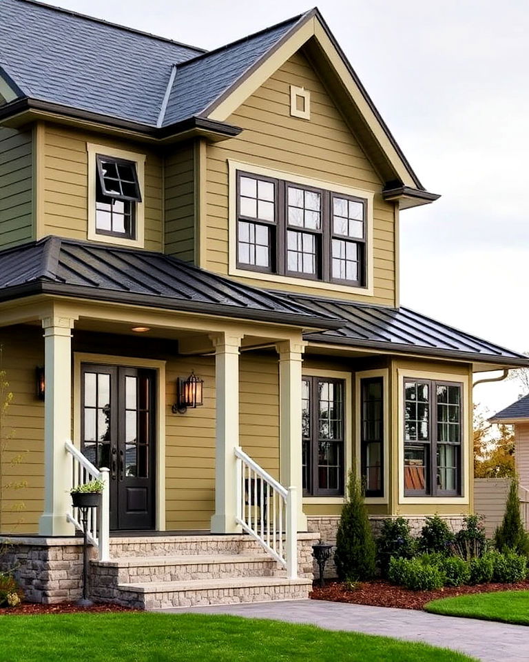 olive green exterior with elegant charcoal roof