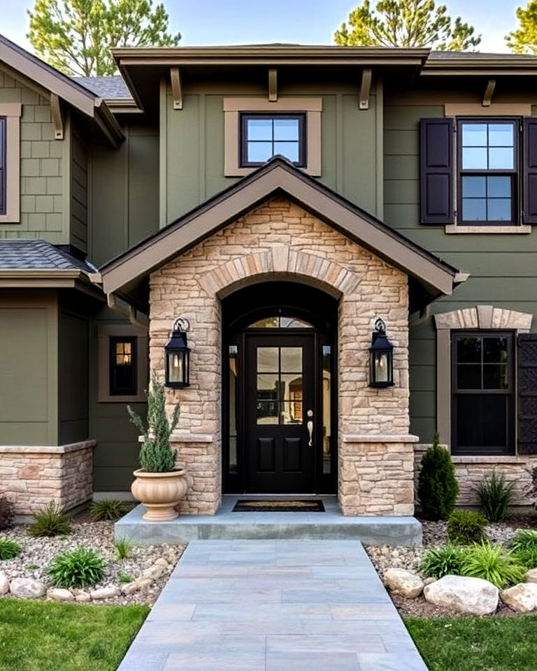 olive green exterior with natural stone accents