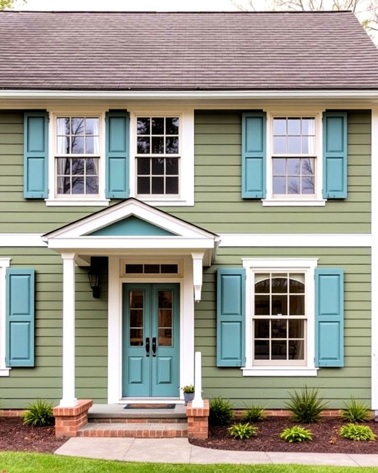 olive green exterior with refreshing blue green shutters