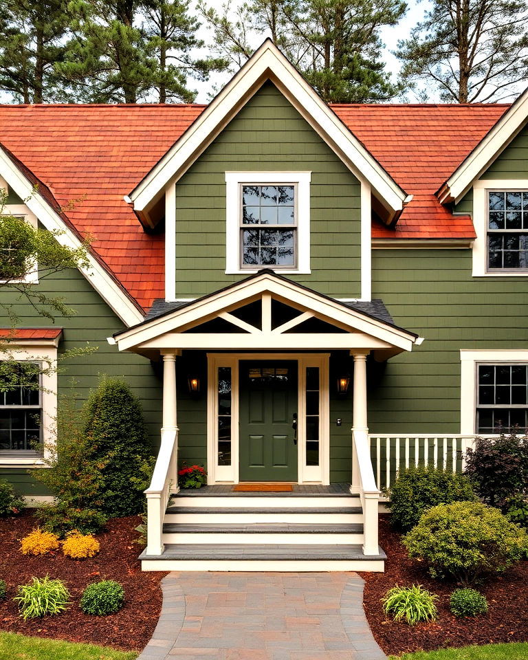 olive green exterior with rustic cedar shingles