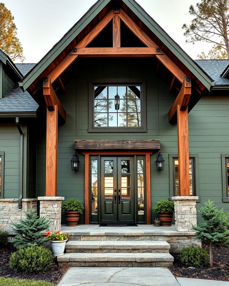 olive green exterior with rustic wood trim