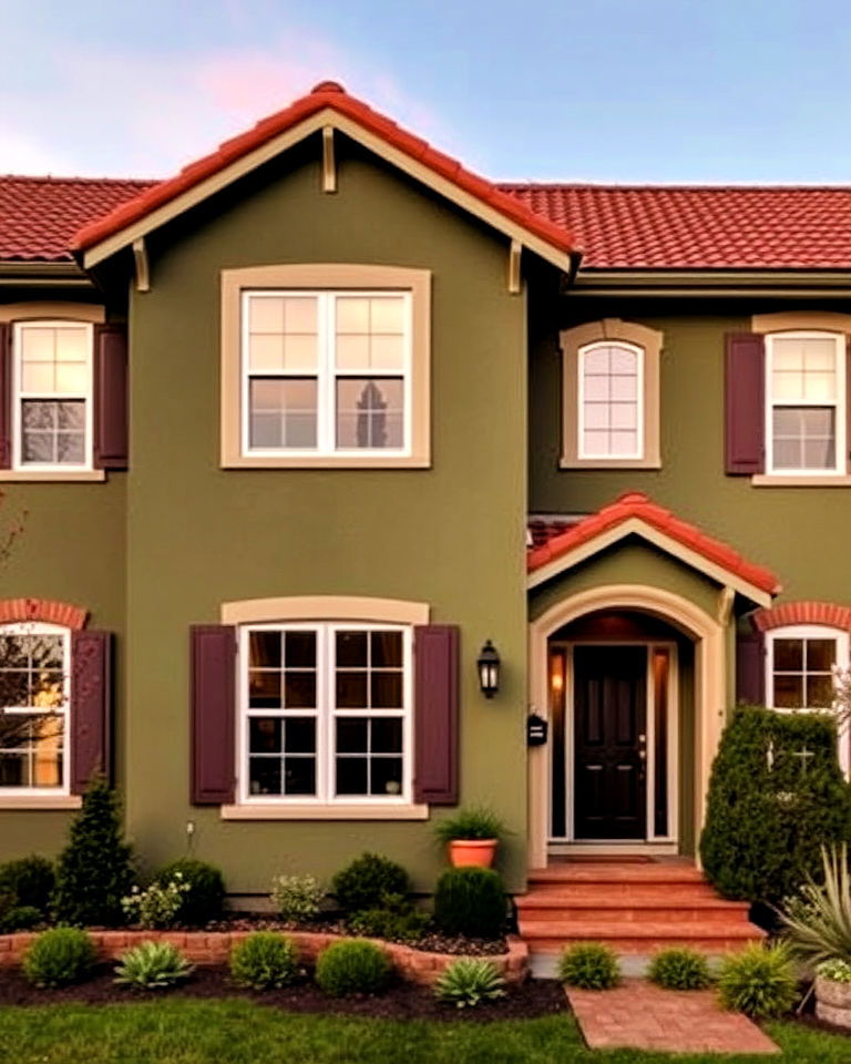 olive green exterior with terra cotta accents