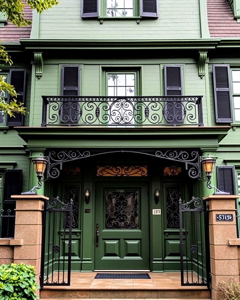 olive green exterior with vintage wrought iron details