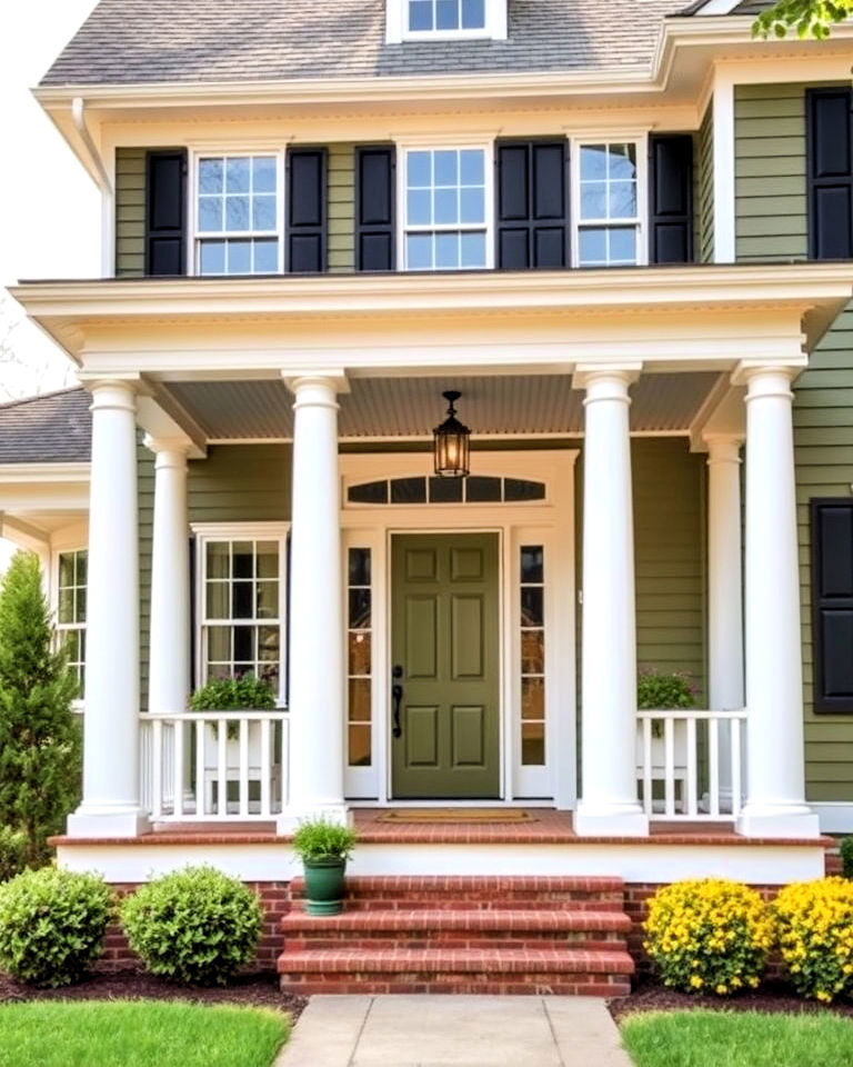 olive green exterior with white porch columns