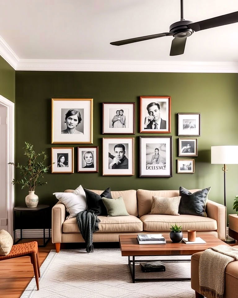 olive green feature wall with artwork