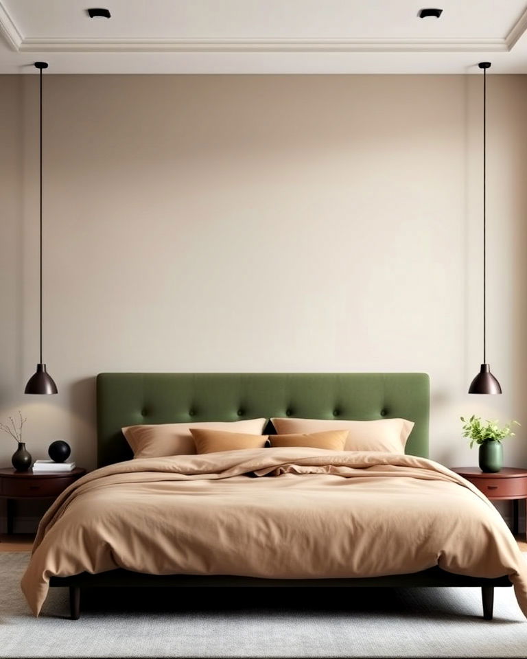 olive green headboard with neutral colored walls